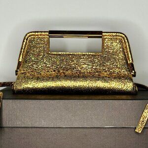 Demellier The Mini Seville Gold Metallic Top-Handle Clutch Handbag